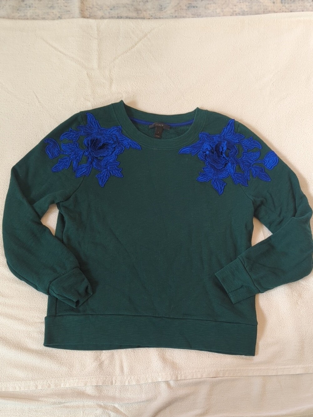 J. Crew Dark Green Sweatshirt with Cobalt Blue Floral Appliqué